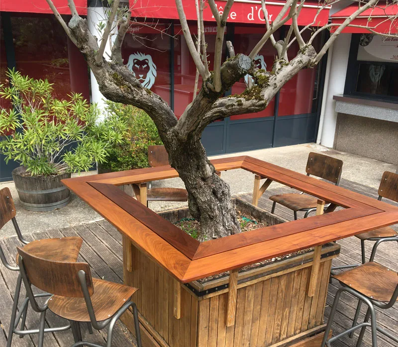 Tables de la terrasse sous les arbres